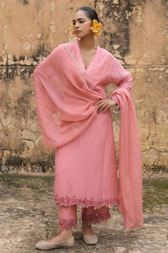 pink embroidered pure cotton kurta set with dupatta