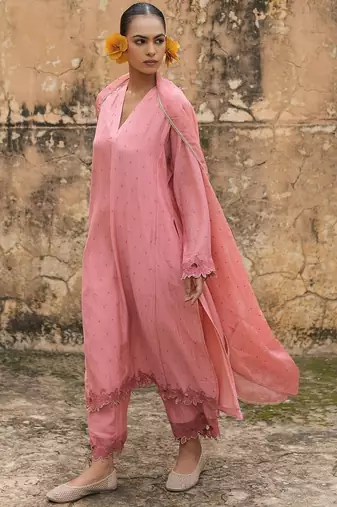 pink embroidered pure cotton kurta set with dupatta