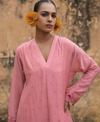 pink embroidered pure cotton kurta set with dupatta 4