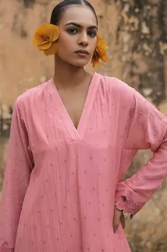 pink embroidered pure cotton kurta set with dupatta