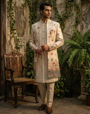 Light pink thread and sequins embroidered indowestern 3
