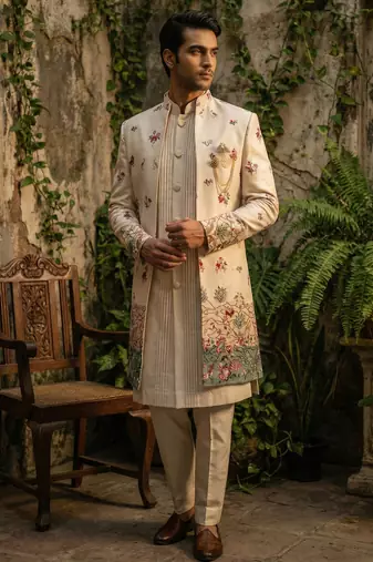 Light pink thread and sequins embroidered indowestern