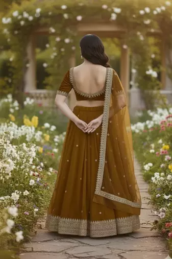 Mustard Brown Lehenga with Embroidered Dupatta