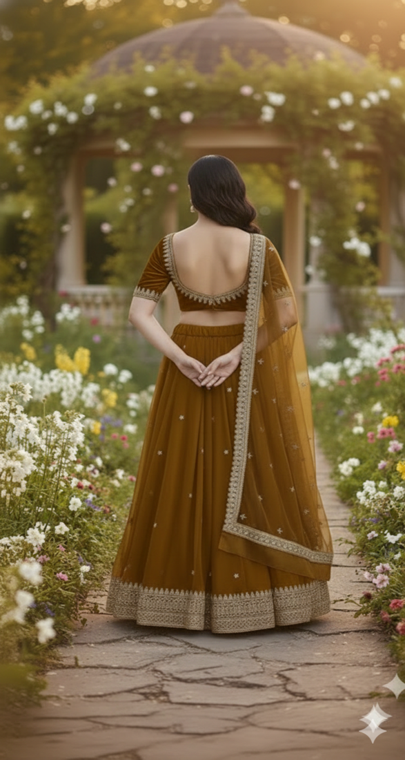Mustard Brown Lehenga with Embroidered Dupatta