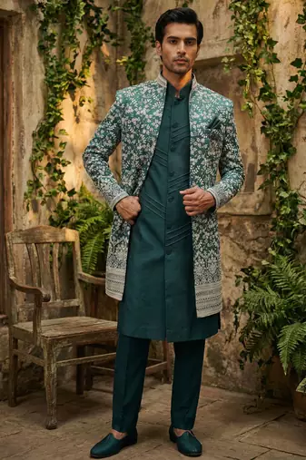 Teal thread and sequins embroidered indowestern