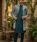 Teal thread and sequins embroidered indowestern