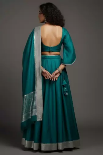 Teal Green Lehenga choli set with Silver Border