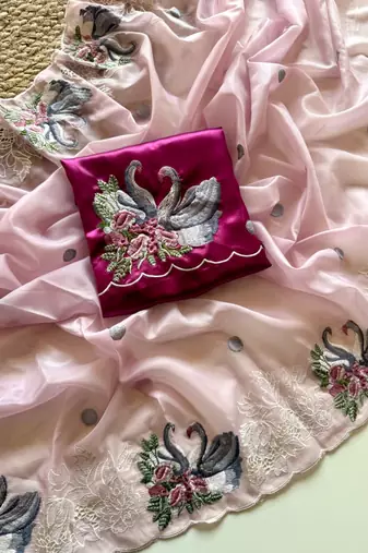 Pink Color Crystal Tissue Silk Embroidered Saree