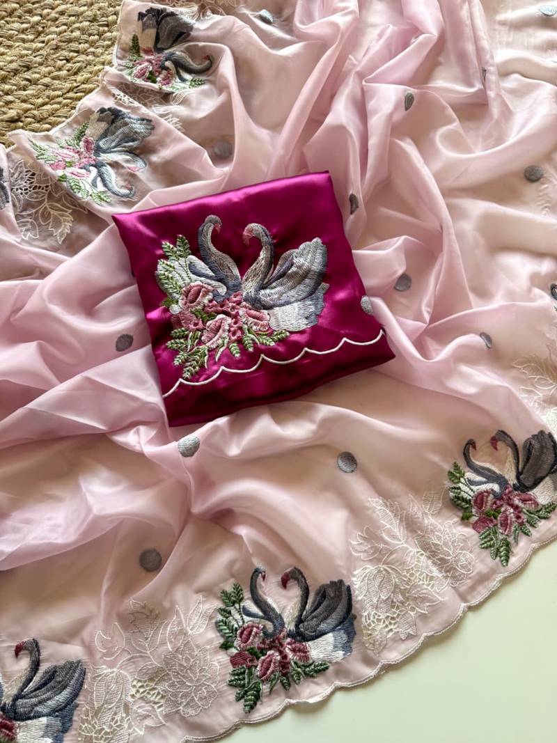 Pink Color Crystal Tissue Silk Embroidered Saree
