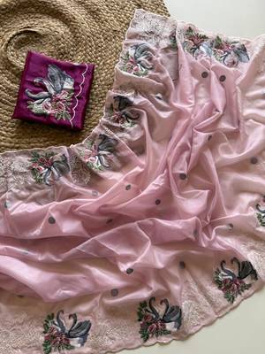 Pink Color Crystal Tissue Silk Embroidered Saree 2