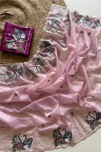 Pink Color Crystal Tissue Silk Embroidered Saree