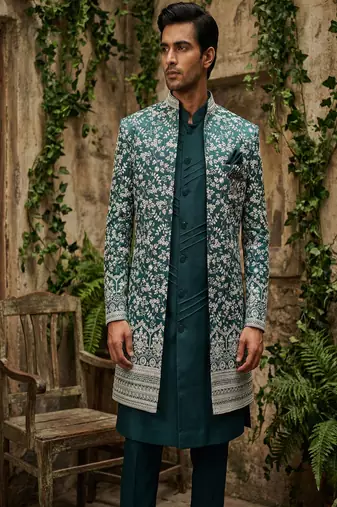 Teal thread and sequins embroidered indowestern