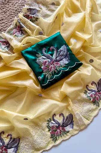 Yellow Color Crystal Tissue Silk Embroidered Saree