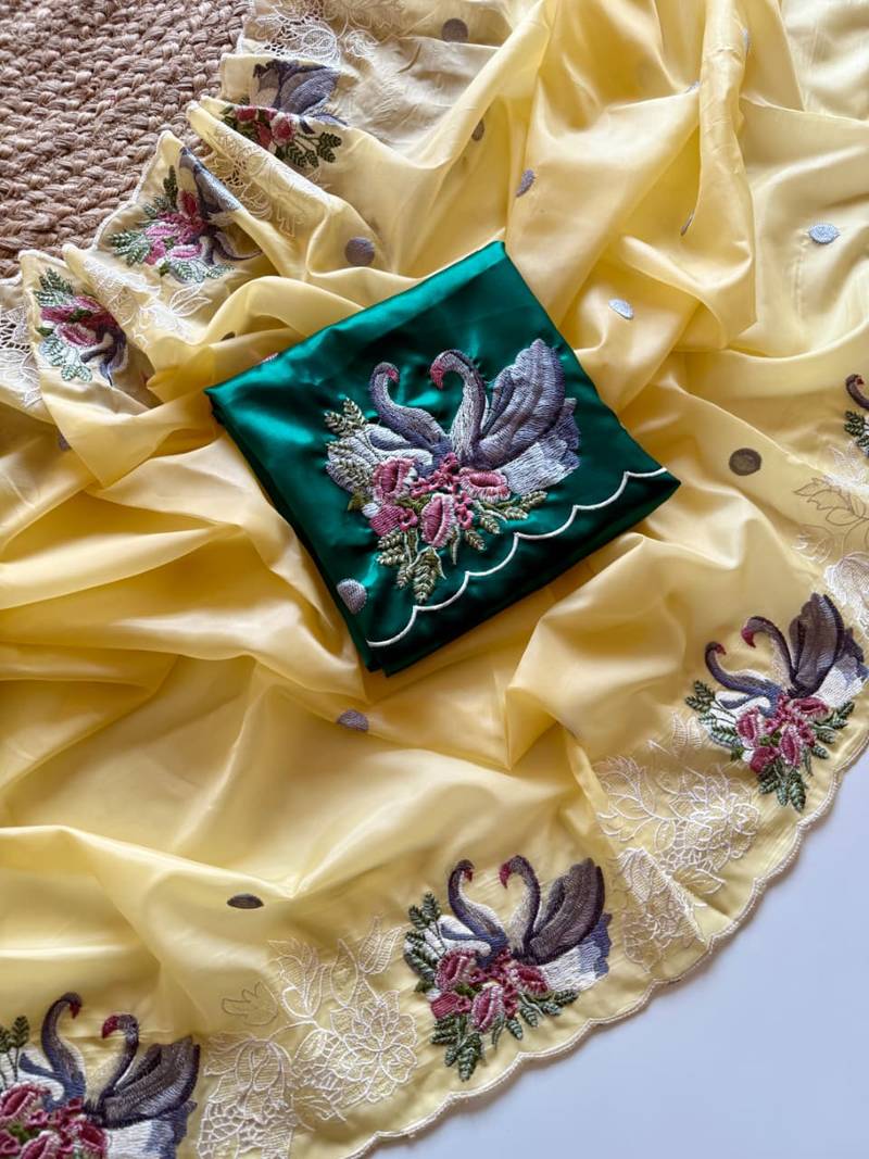 Yellow Color Crystal Tissue Silk Embroidered Saree