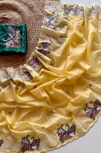 Yellow Color Crystal Tissue Silk Embroidered Saree