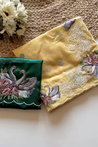 Yellow Color Crystal Tissue Silk Embroidered Saree