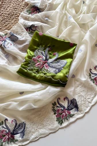 White Color Crystal Tissue Silk Embroidered Saree