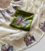 White Color Crystal Tissue Silk Embroidered Saree