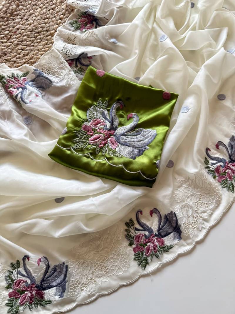 White Color Crystal Tissue Silk Embroidered Saree