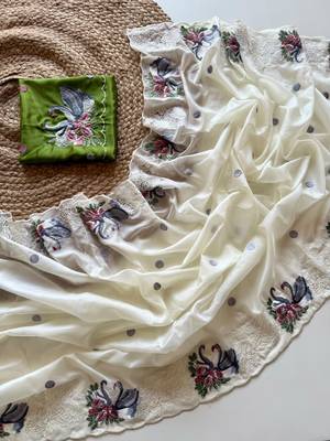 White Color Crystal Tissue Silk Embroidered Saree 2