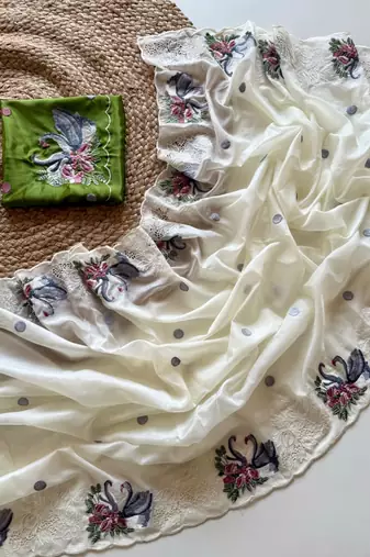 White Color Crystal Tissue Silk Embroidered Saree