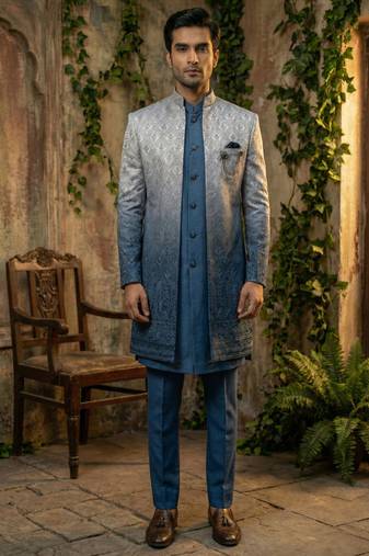 Blue thread and sequins embroidered indowestern in ombre