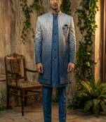 Blue thread and sequins embroidered indowestern in ombre