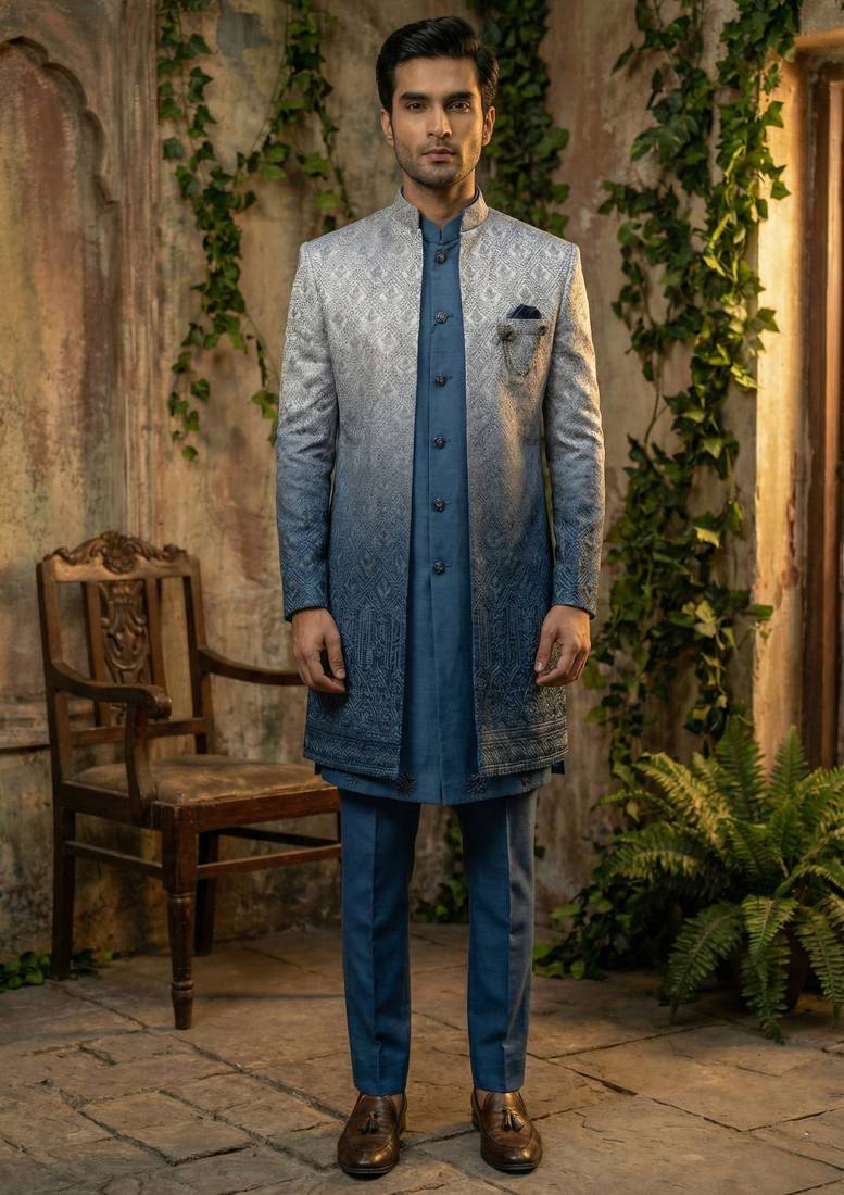 Blue thread and sequins embroidered indowestern in ombre