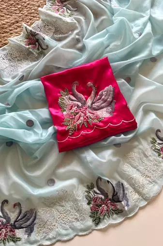 Blue Color Crystal Tissue Silk Embroidered Saree