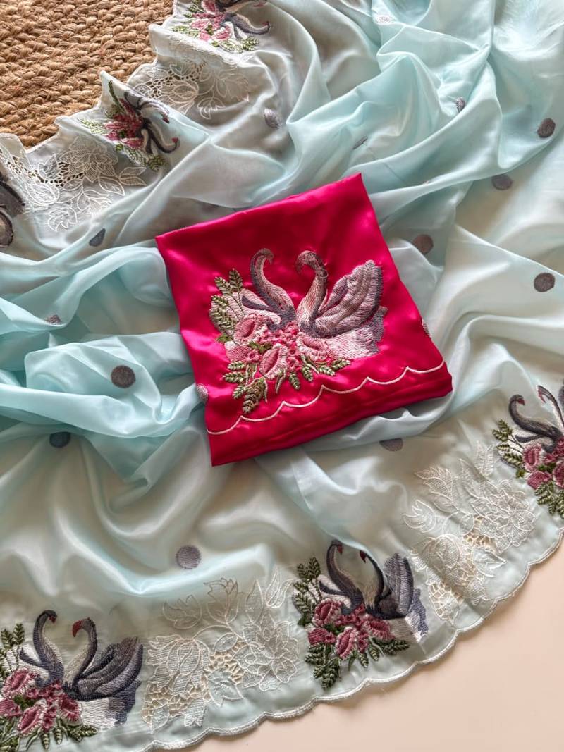 Blue Color Crystal Tissue Silk Embroidered Saree