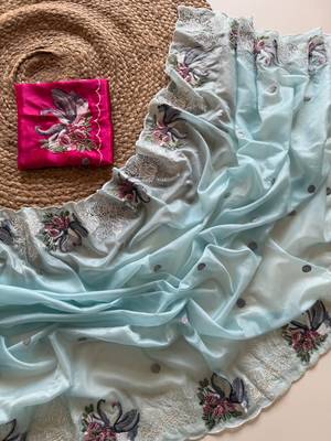 Blue Color Crystal Tissue Silk Embroidered Saree 2
