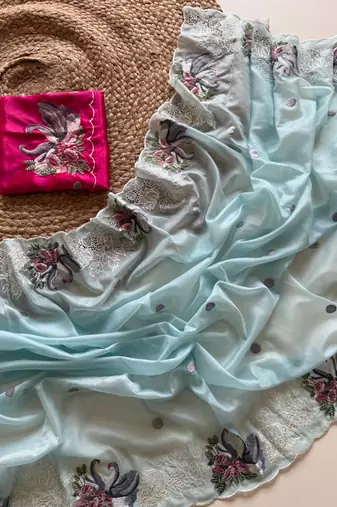 Blue Color Crystal Tissue Silk Embroidered Saree