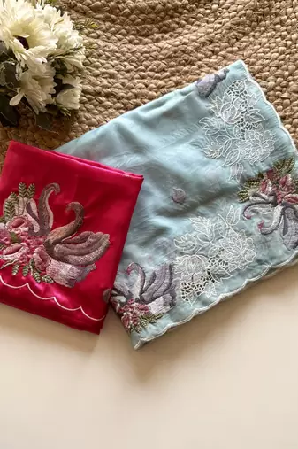 Blue Color Crystal Tissue Silk Embroidered Saree