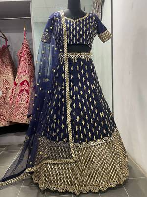 navy blue silk zari work lehenga set choli with dupatta 7