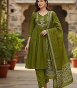 green elegant embroidered cotton suit with printed dupatta 