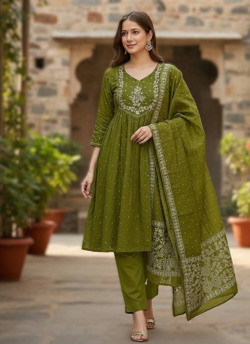 green elegant embroidered cotton suit with printed dupatta 