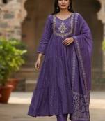 purple soft satin silk saree with hand painted floral design & zari border