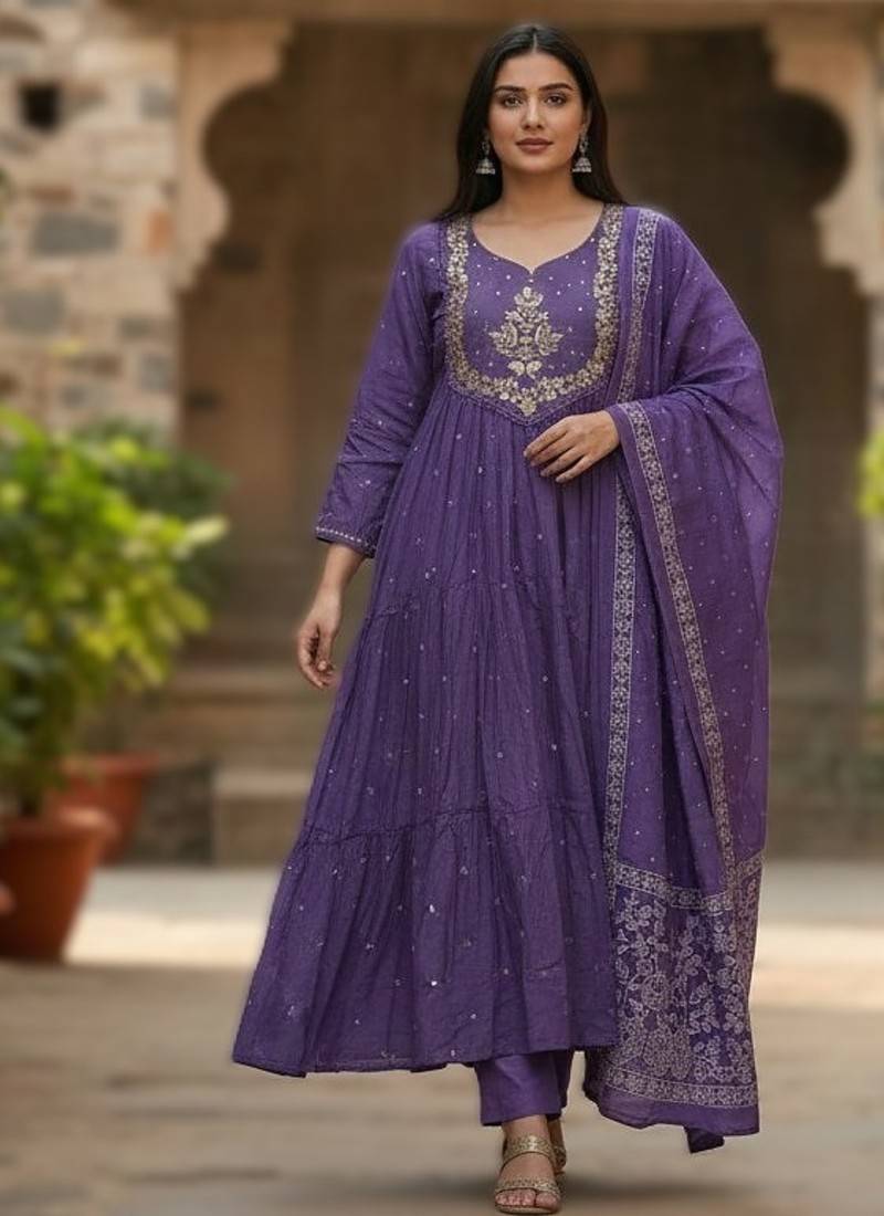 purple soft satin silk saree with hand painted floral design & zari border