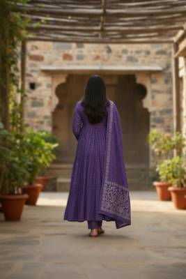 purple soft satin silk saree with hand painted floral design & zari border 2