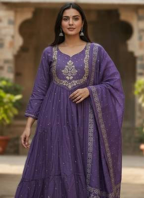 purple soft satin silk saree with hand painted floral design & zari border 3