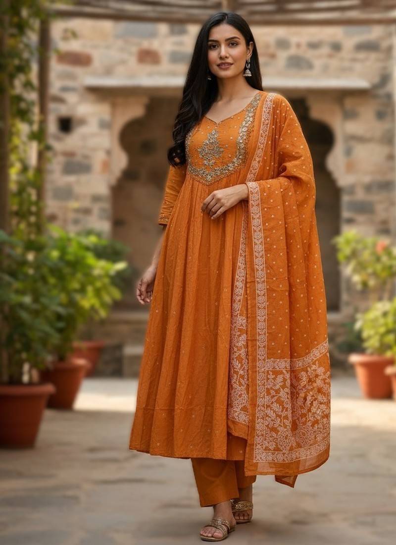 orange elegant embroidered cotton suit with printed dupatta 
