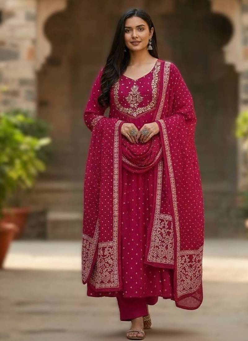 pink elegant embroidered cotton suit with printed dupatta 