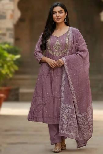 onion pink elegant embroidered cotton suit with printed dupatta
