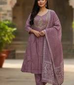 onion pink elegant embroidered cotton suit with printed dupatta