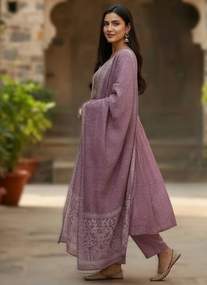 onion pink elegant embroidered cotton suit with printed dupatta