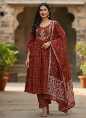 maroon elegant embroidered cotton suit with printed dupatta  1