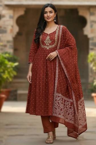 maroon elegant embroidered cotton suit with printed dupatta 