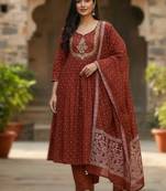 maroon elegant embroidered cotton suit with printed dupatta 