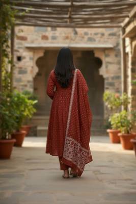 maroon elegant embroidered cotton suit with printed dupatta  2