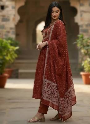 maroon elegant embroidered cotton suit with printed dupatta  3